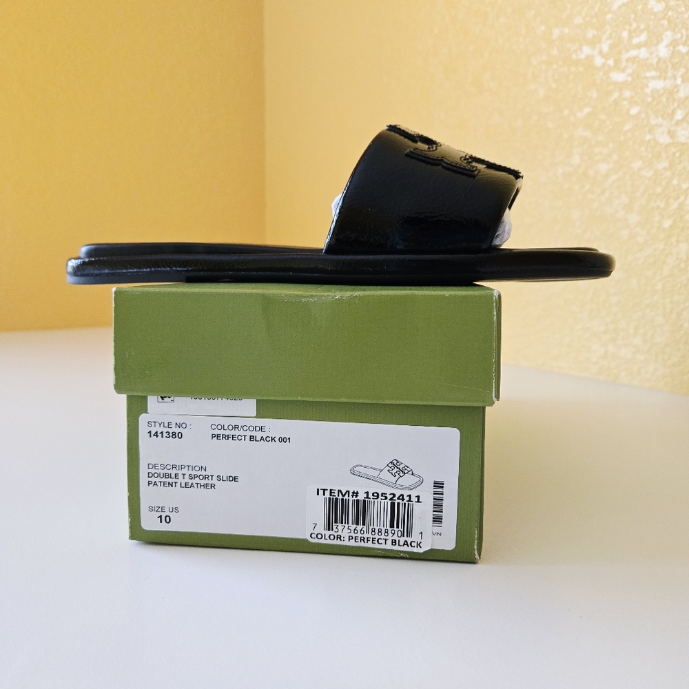 Tory Burch “Double T Sport Slide Sandals” Patent Leather (Perfect Black) Size 10 - Picture 9 of 13